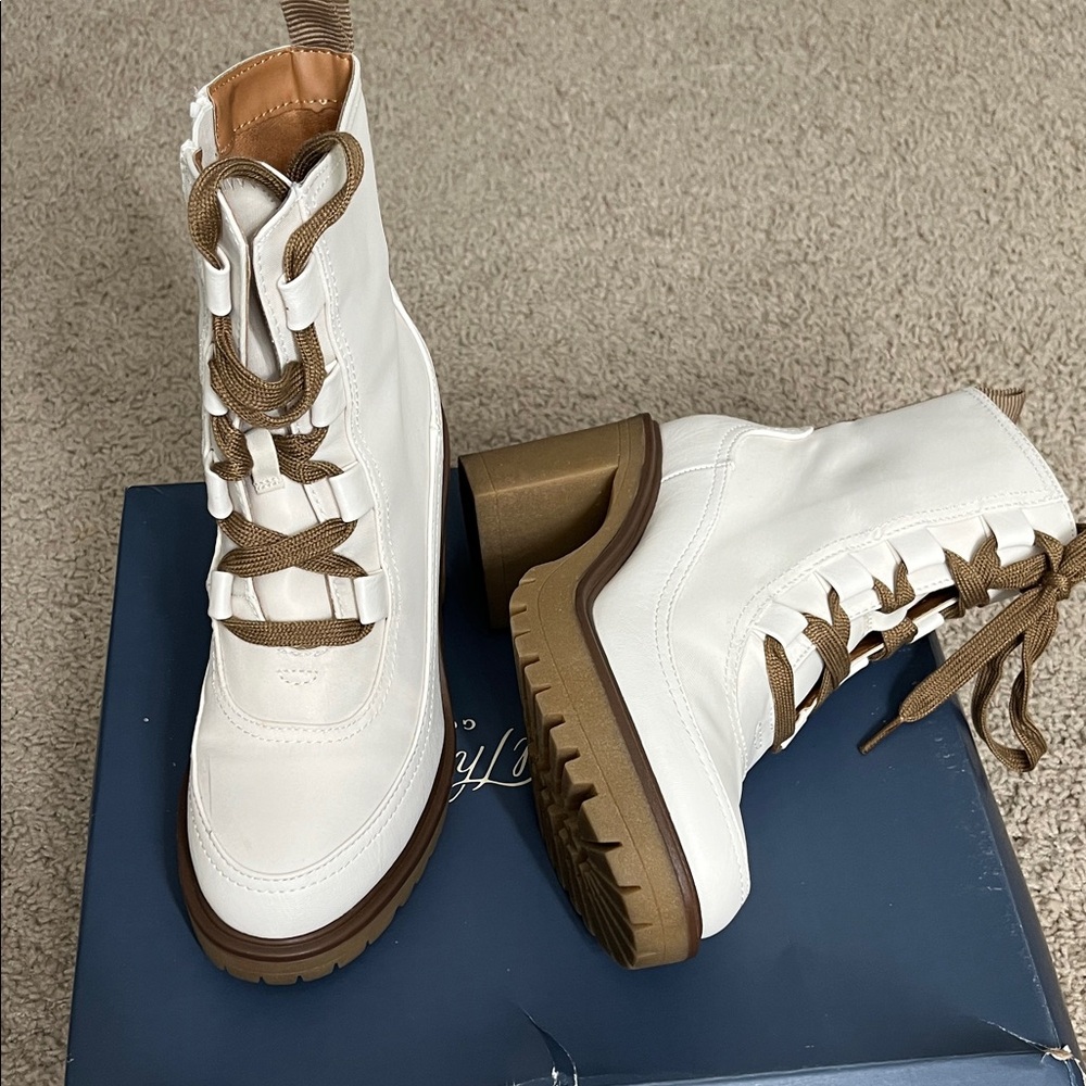 Elegant White and Brown Lace-Up Boots
